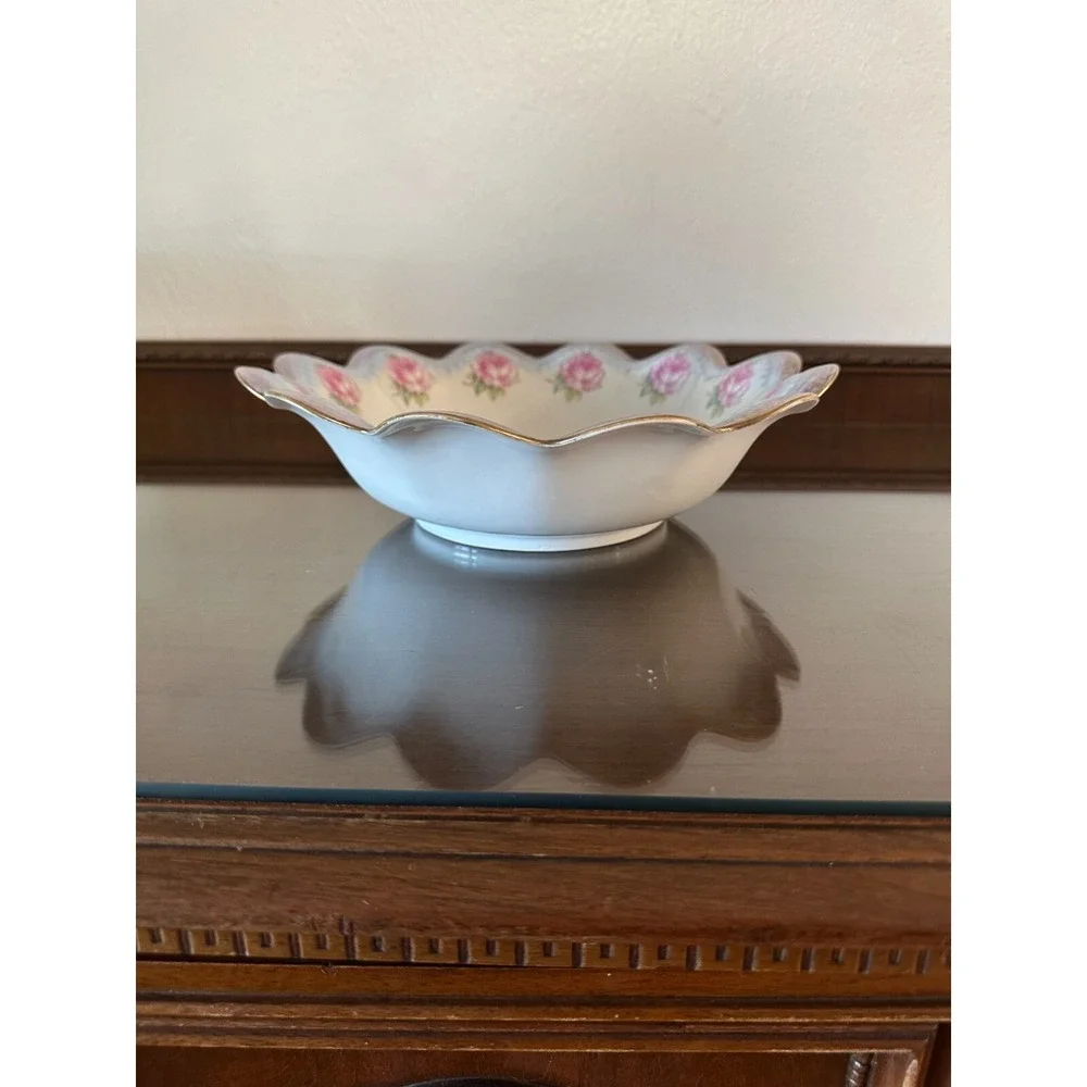 Antique Double Back Stamped MZ Austria & Habsburg BT Co. Floral Ruffle Bowl 11''